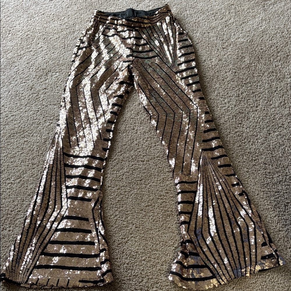 Sequin Flare Pants with Striped Pattern